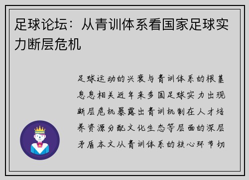 足球论坛：从青训体系看国家足球实力断层危机