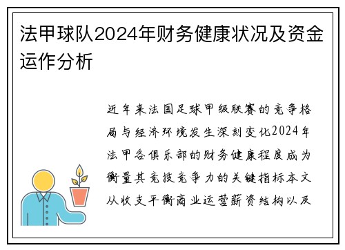 法甲球队2024年财务健康状况及资金运作分析